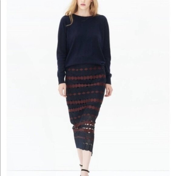 Sandro Blend Geo Lace Midi Skirt Navy Burgundy Pencil - Picture 1 of 11